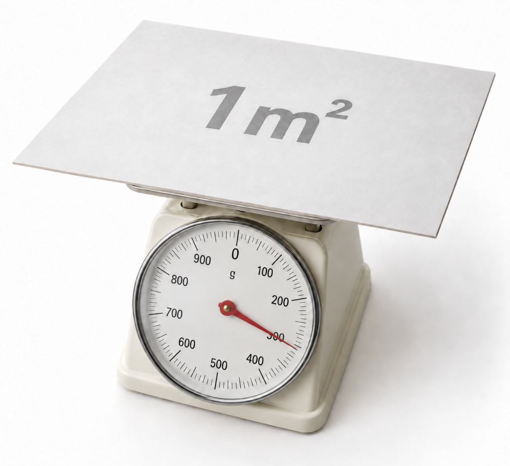 1㎡の紙の重さを量り坪量を示すイメージ